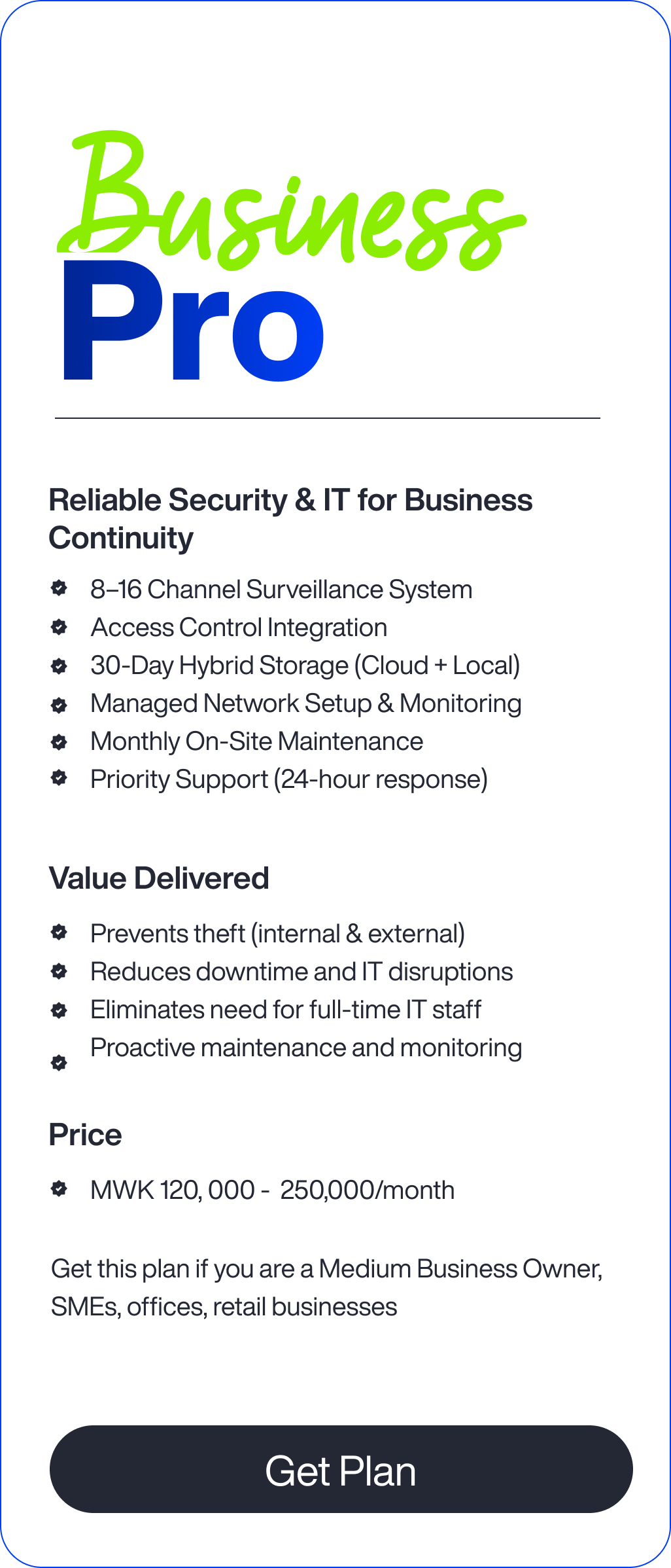 Business Pro pricing package